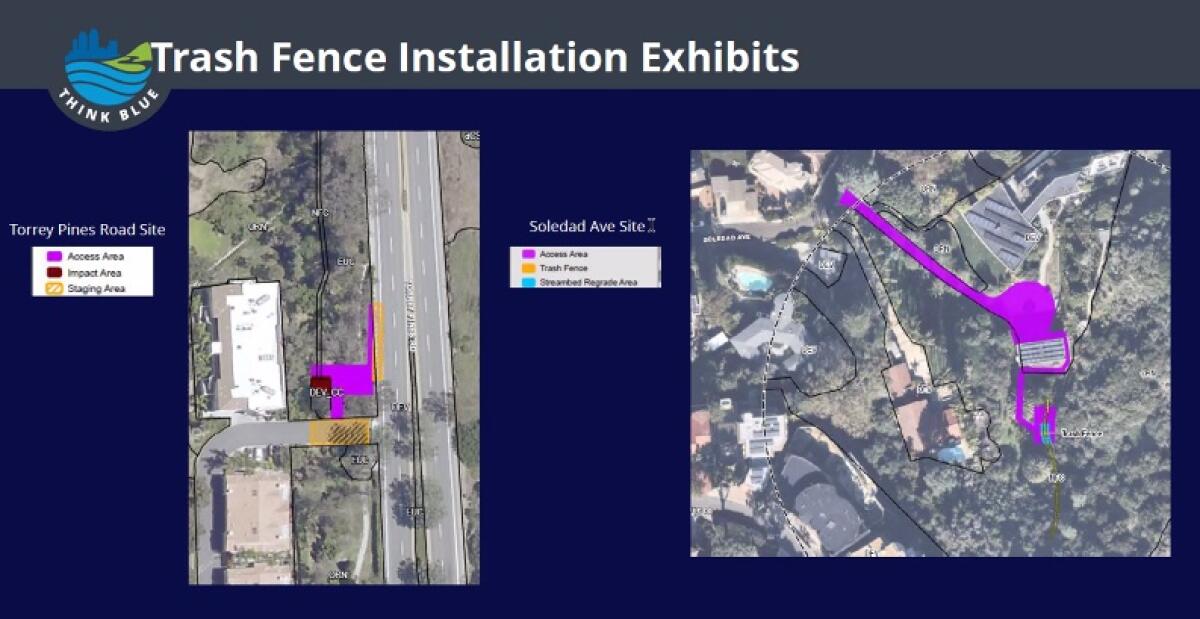 Planned locations for trash fences near Torrey Pines Road and Soledad Avenue
