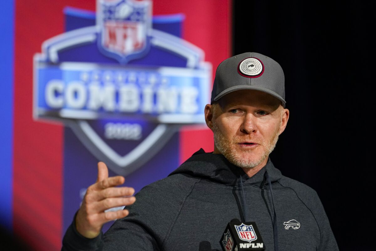 Buffalo Bills head coach Sean McDermott speaks during a press conference at the NFL football scouting combine in Indianapolis, Tuesday, March 1, 2022. (AP Photo/Michael Conroy)