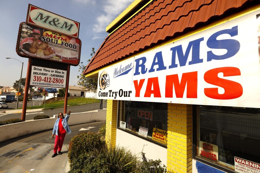 Beverly Brinson, owner of Ms. B's M&M Soul Food, wants customers to root for the Rams.