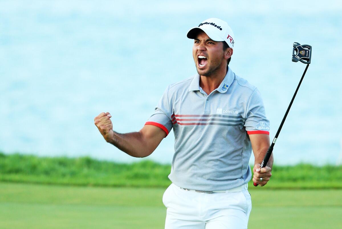 Jason Day reacts to a birdie on the 17th green Saturday during the third round of the PGA Championship at Whistling Straits.