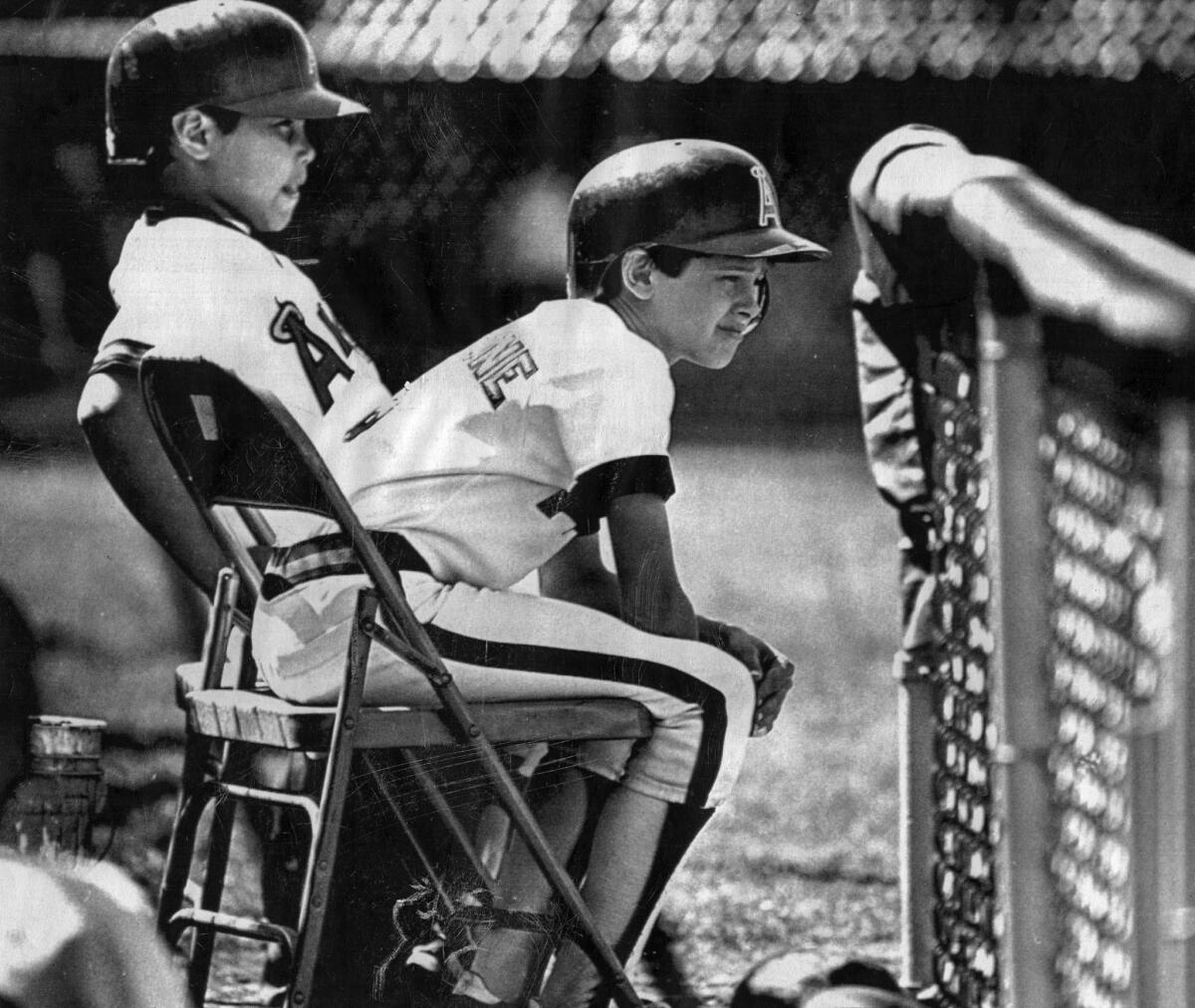 March 22, 1984: Bat boys for the Angels' game against the Oakland Athletics were Dominquez Jackson Jr., brother of Reggie Jackson, and Aaron Boone, son of catcher Bob Boone.