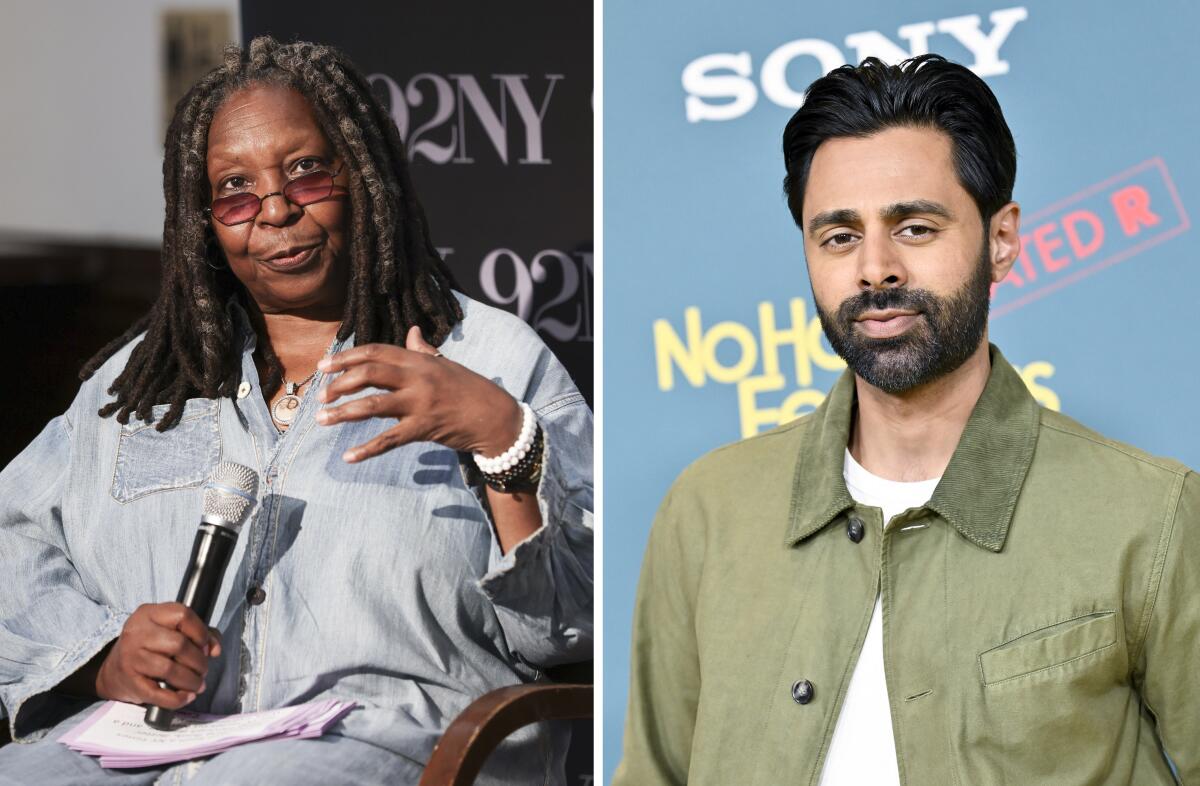 Two photos: A seated Whoopi Goldberg holds a mic and Hasan Minhaj poses in a tan long-sleeve shirt