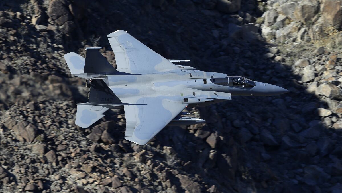 An F-15C Eagle from the California Air National Guard, 144th Fighter Wing, flies over Death Valley National Park in 2017.