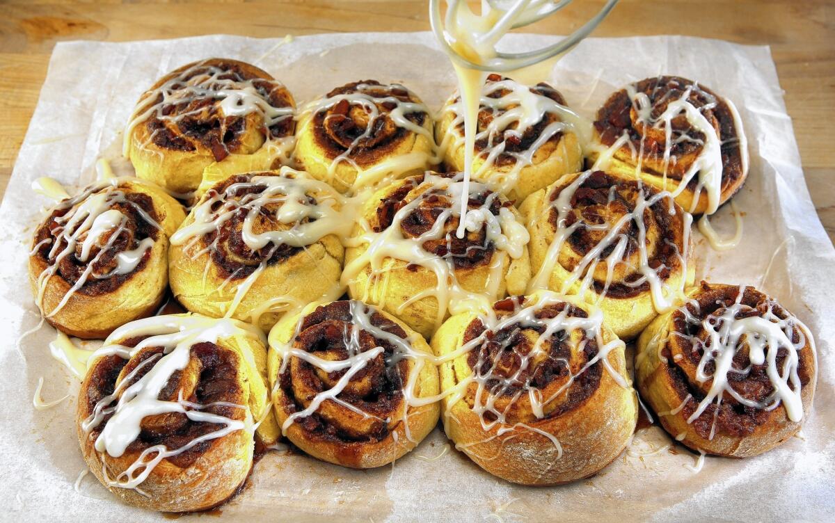 Maple bacon cinnamon rolls can be prepared to be ready to bake the next morning.