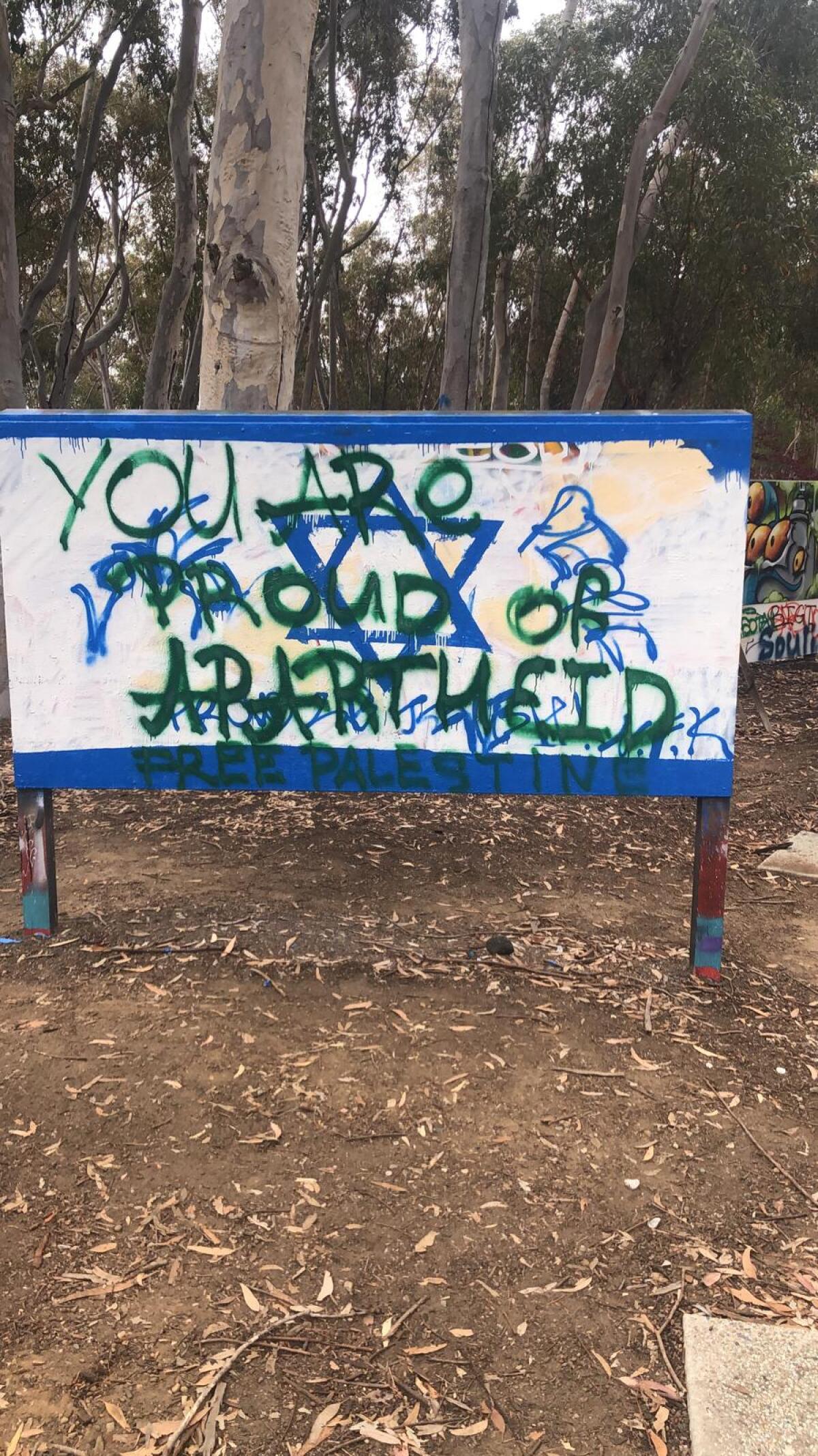 A sign at UCSD depicting the Israeli flag was painted over with the words "You are proud of apartheid — free Palestine."