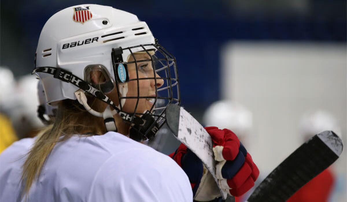 Amanda Kessel of the U.S. women's hockey team looks on during a practice session Monday at Shayba Arena in Sochi, Russia.