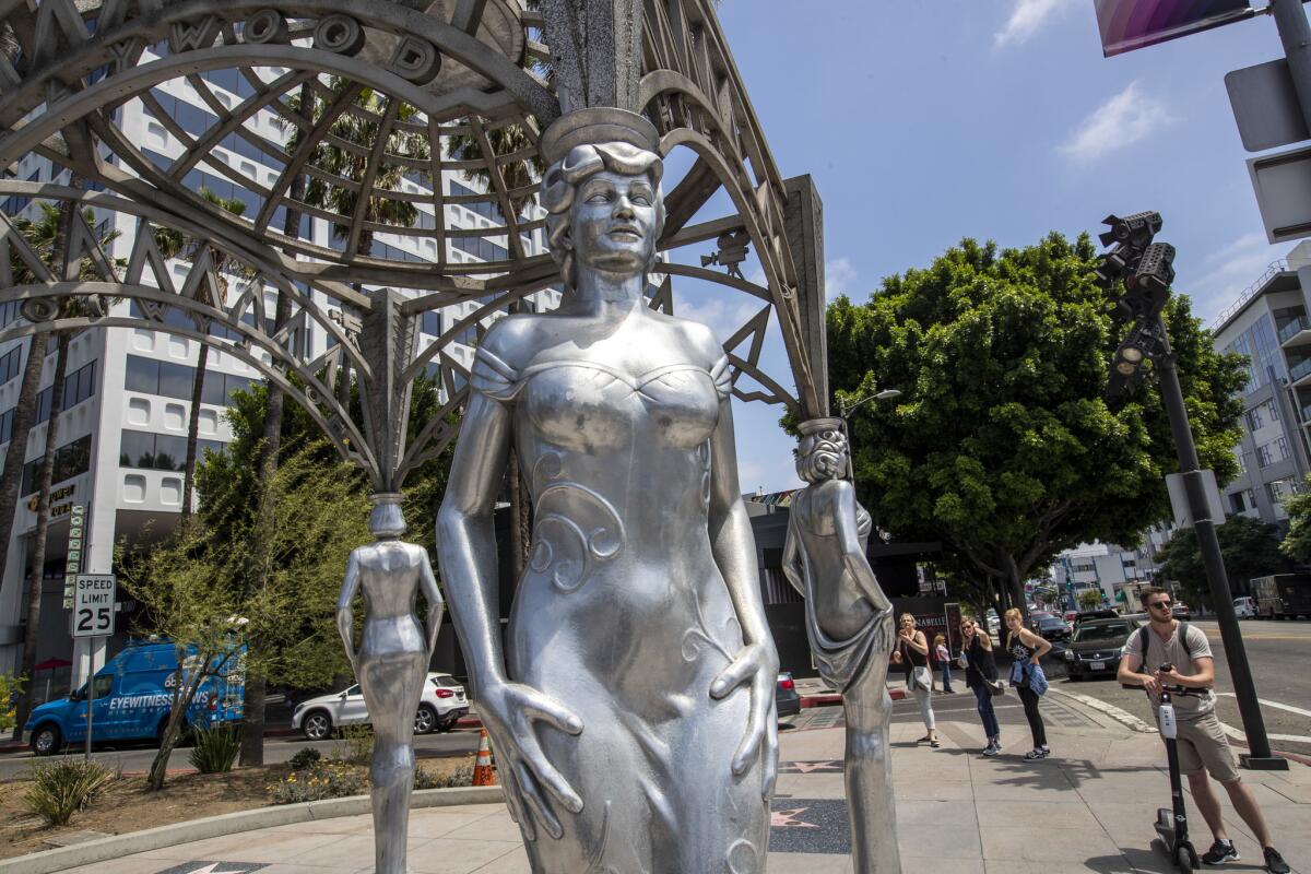 The "Four Ladies of Hollywood" is a stainless steel, Art Deco-style gazebo at La Brea Avenue and Hollywood Boulevard.