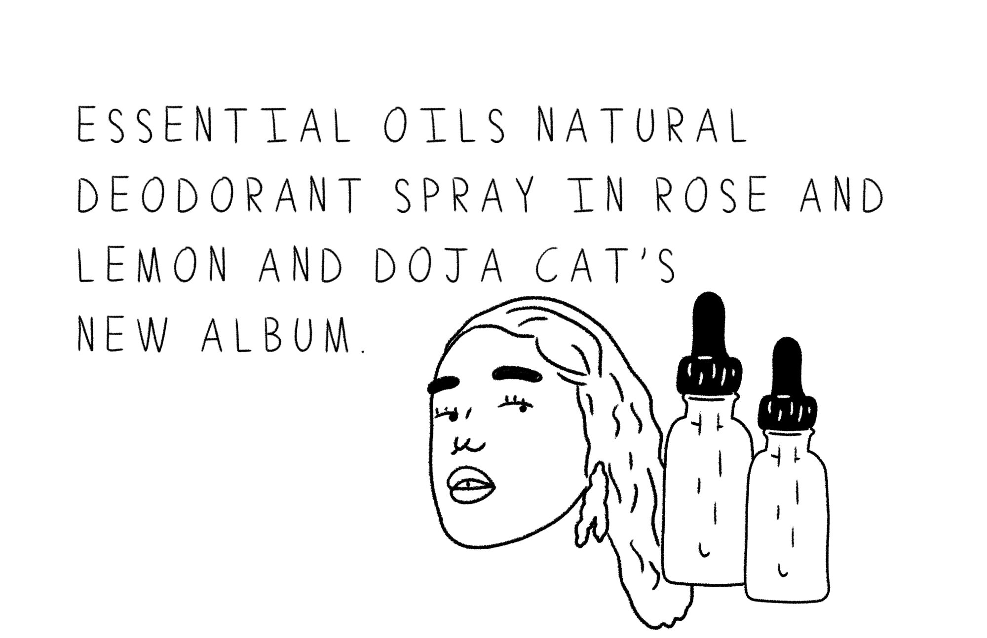 Quote favoring essential oils and Doja Cat's latest album with accompanying illustrations