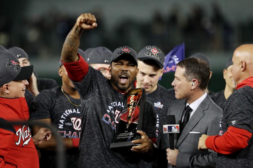Howie Kendrick celebrates the Nationals winning the pennant on Oct. 15, 2019.