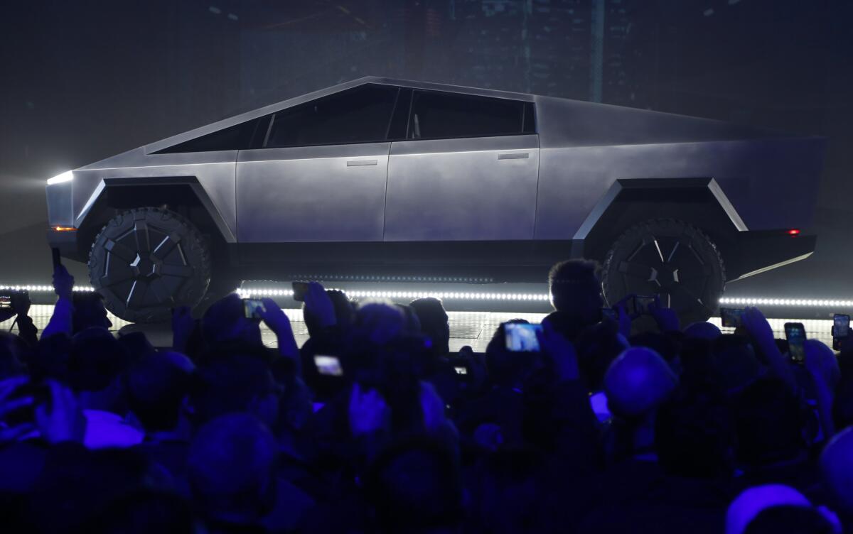 The Tesla Cybertruck unveiled at Tesla's design studio on Thursday.