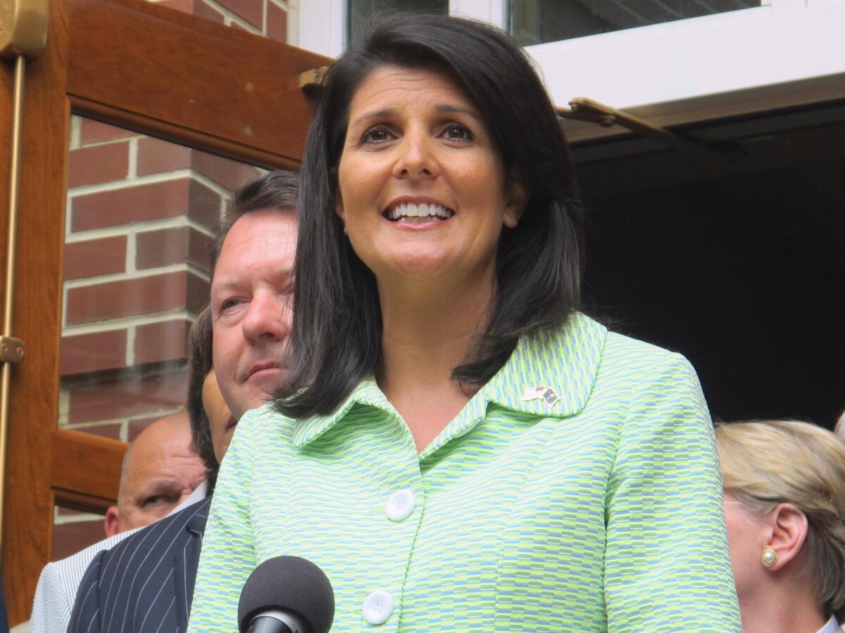 South Carolina Gov. Nikki Haley talks with reporters earlier this month. Haley is expected to sign the state's abortion restrictions into law.