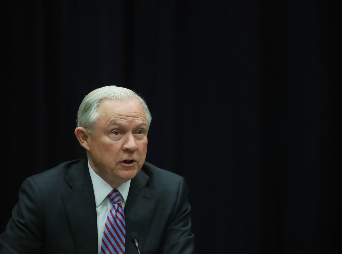 U.S. Attorney General Jeff Sessions speaks about organized gang violence at the Department of Justice on April 18, 2016 in Washington, D.C.