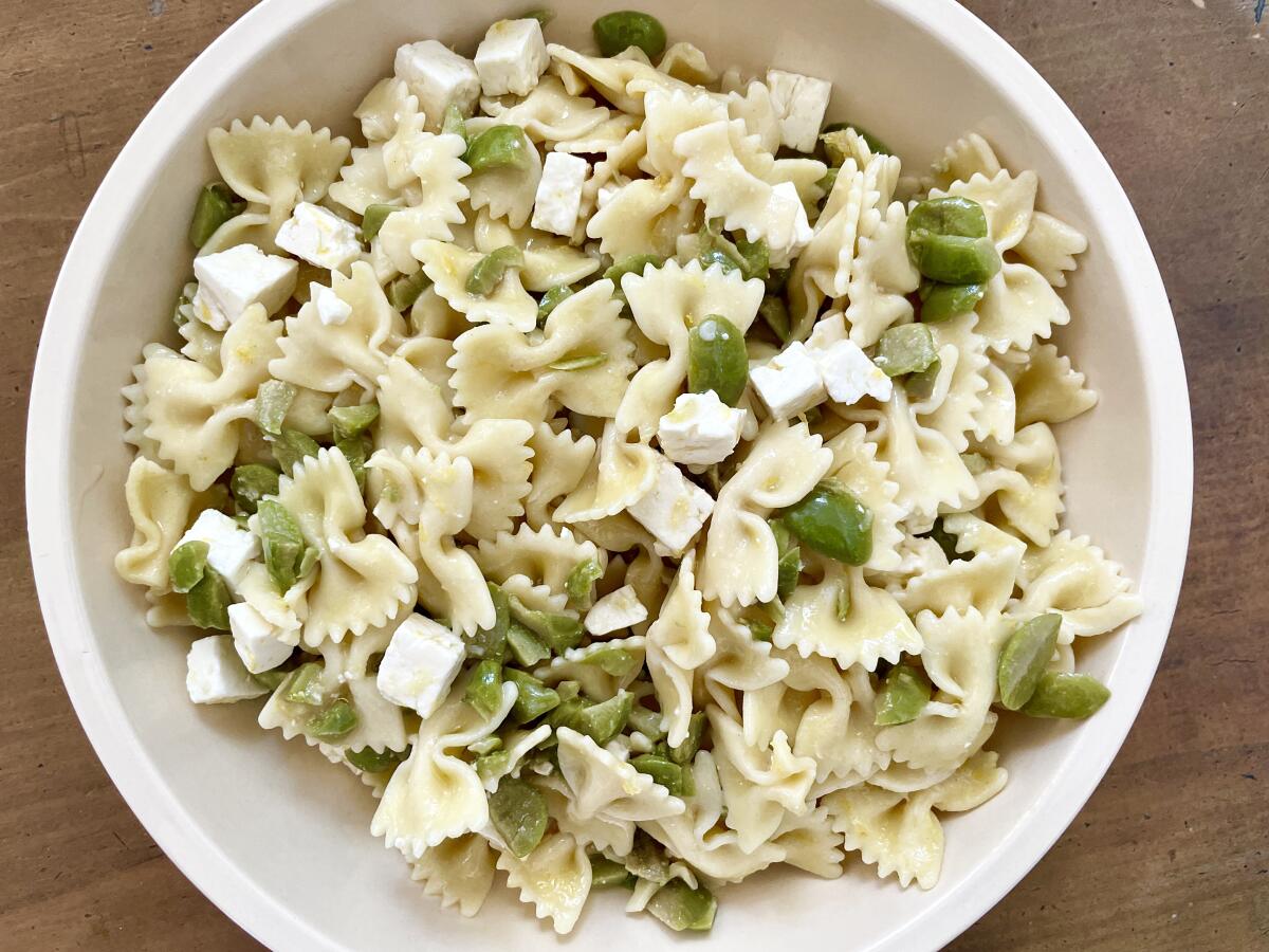 The dirty martini pasta salad, inspired by Emma's Olives.