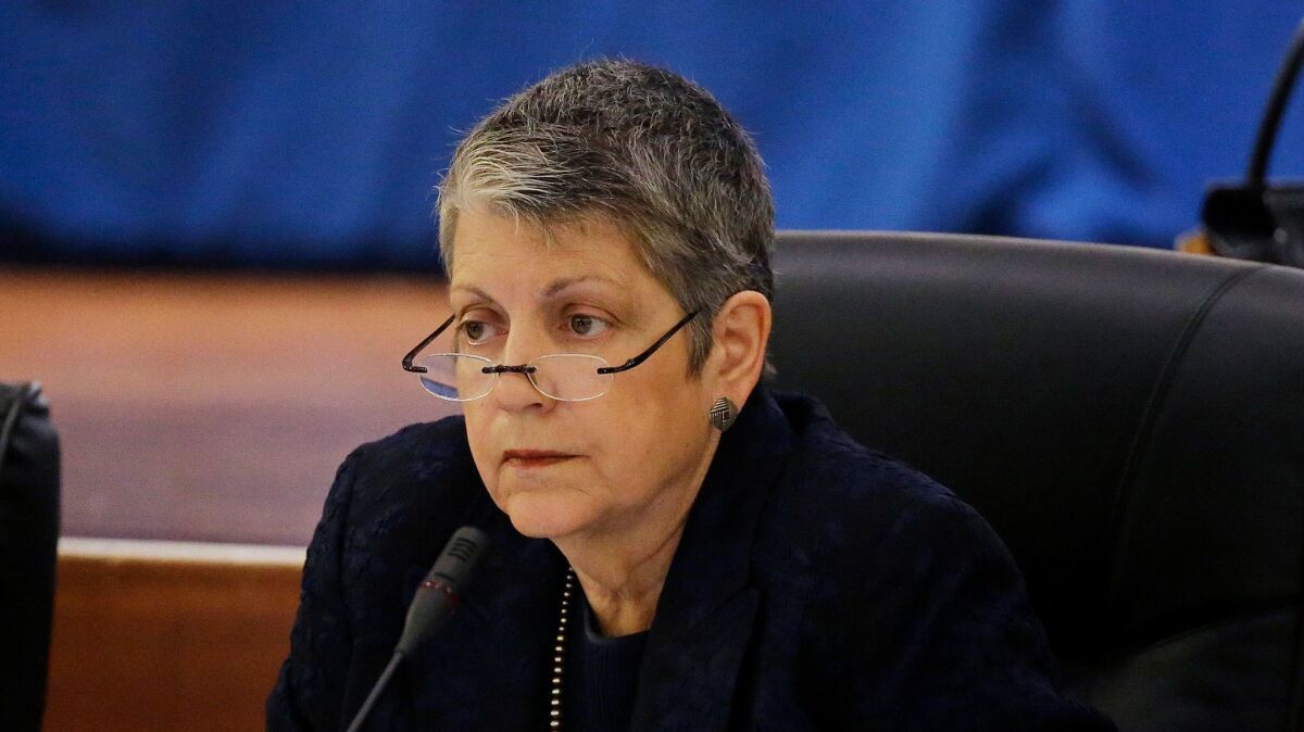 University of California President Janet Napolitano listens during a meeting of the Board of Regents in San Francisco on May 18.