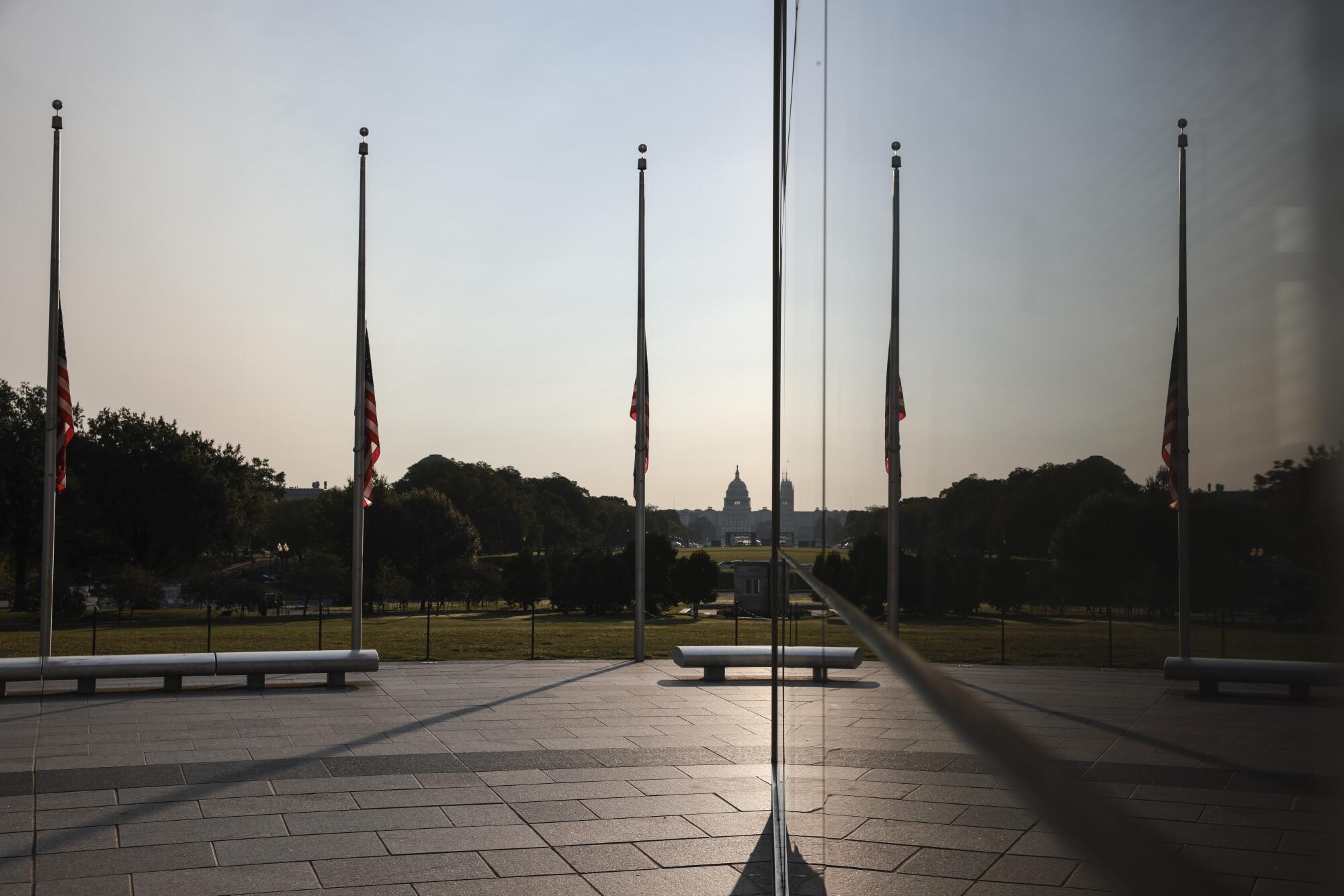 Flags encircling the Washington Monument are flown at half-staff