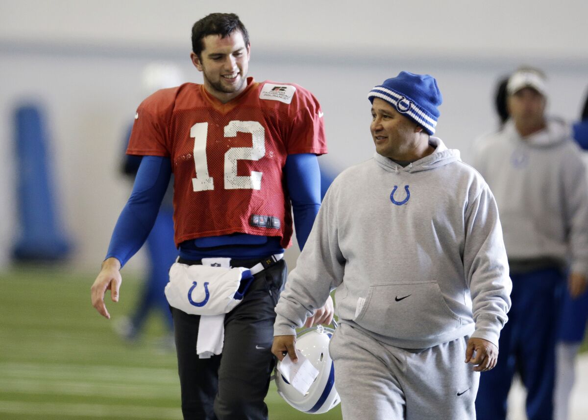 Indianapolis Colts' Andrew Luck talks with quarterback coach Clyde Christensen on Jan. 3.