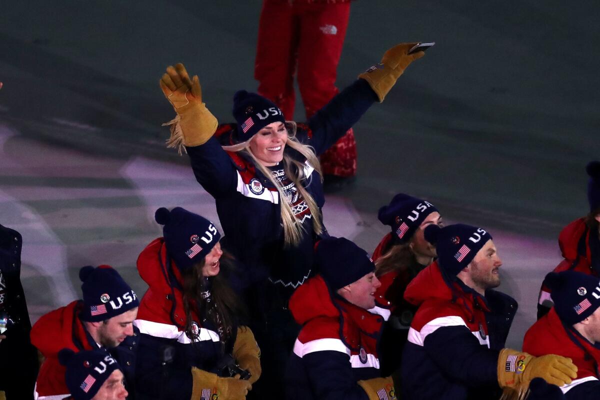 Skier Lindsey Vonn takes part in the opening ceremony at Pyeongchang.