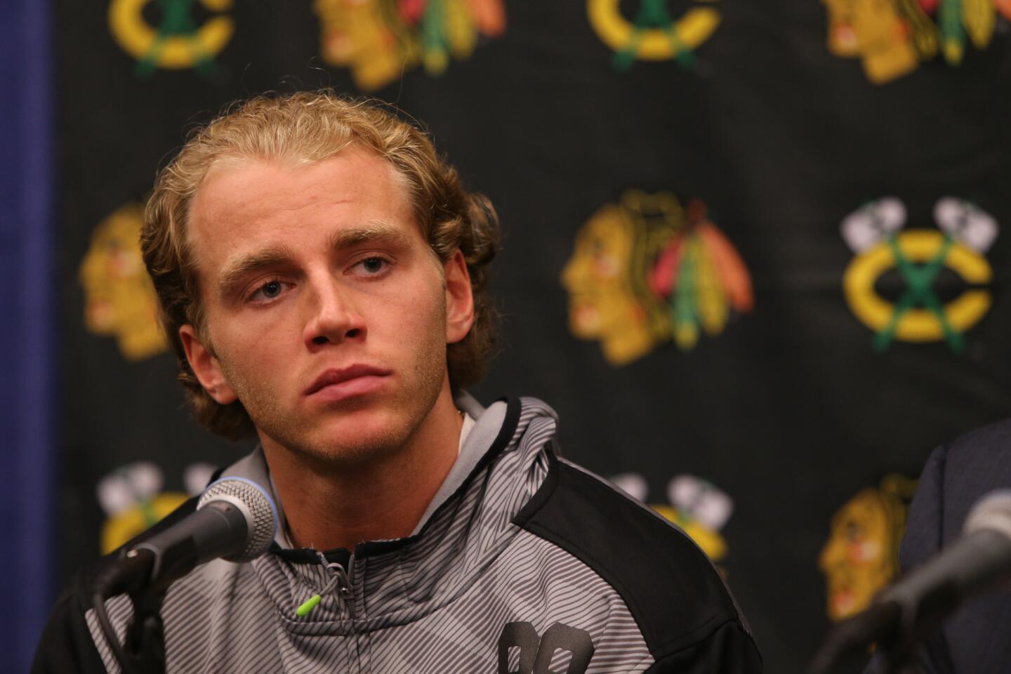 Patrick Kane speaks to the media at a press conference before the start of Blackhawks training camp at the University of Notre Dame's Compton Family Ice Center in South Bend, Ind., Sept. 17, 2015.