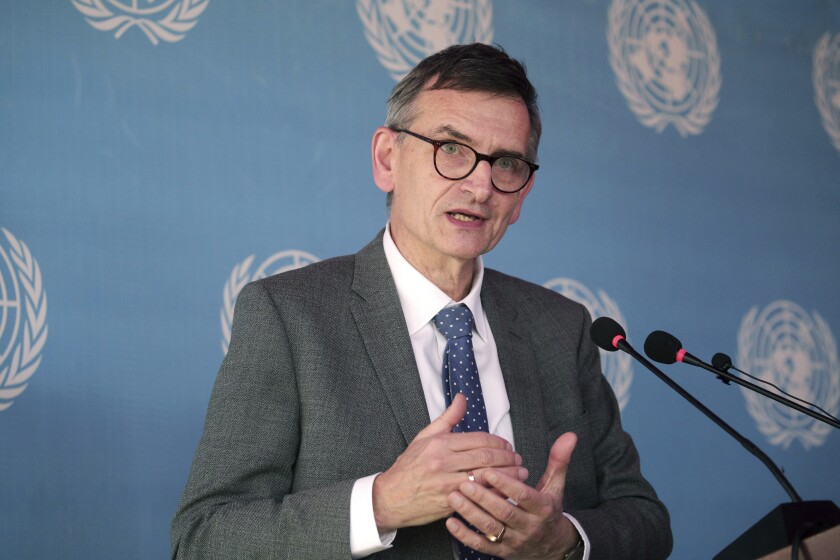 Volker Perthes, the U.N. envoy for Sudan, speaks during a conference in Khartoum, Sudan, Monday, Jan. 10, 2022. Perthes said talks would seek a "sustainable path forward towards democracy and peace" in the country. (AP Photo)