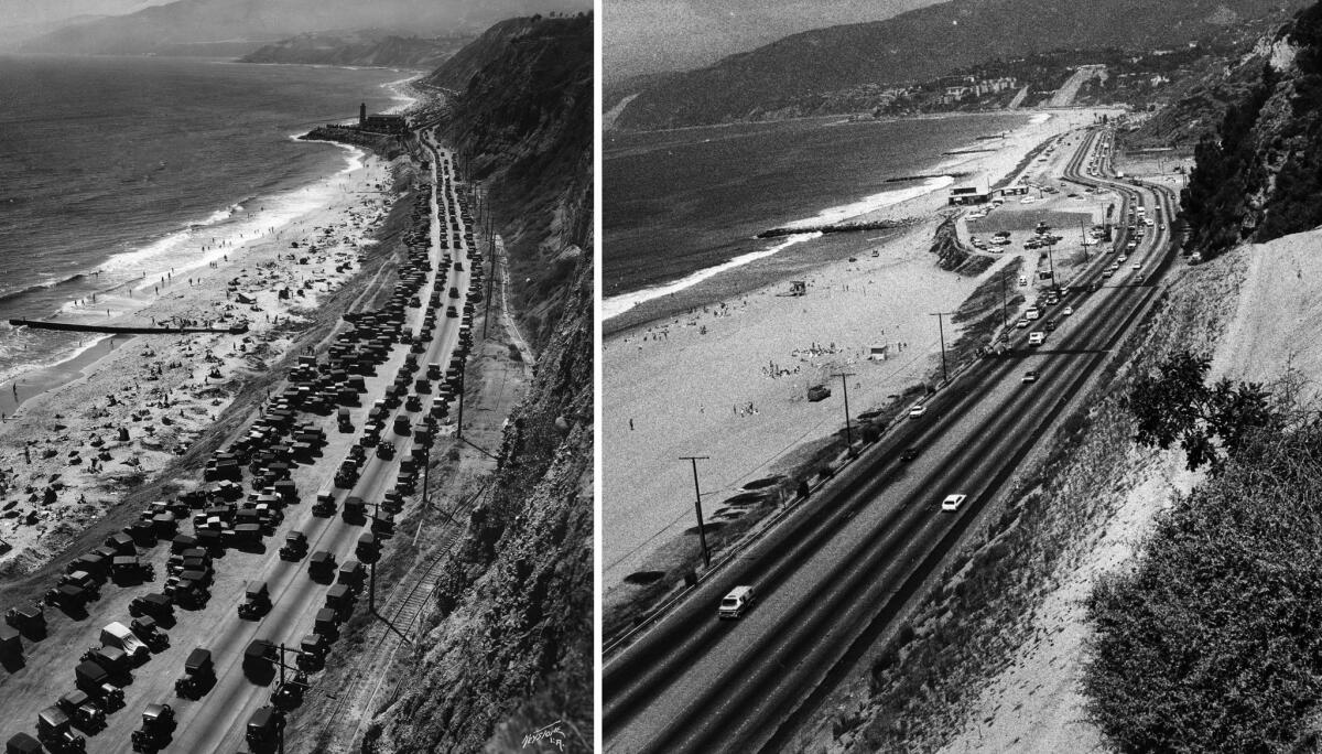 Two images taken 50 years apart of Pacific Coast Highway and Will Rogers State Beach. The left image is from 1930, the right image from 1980.