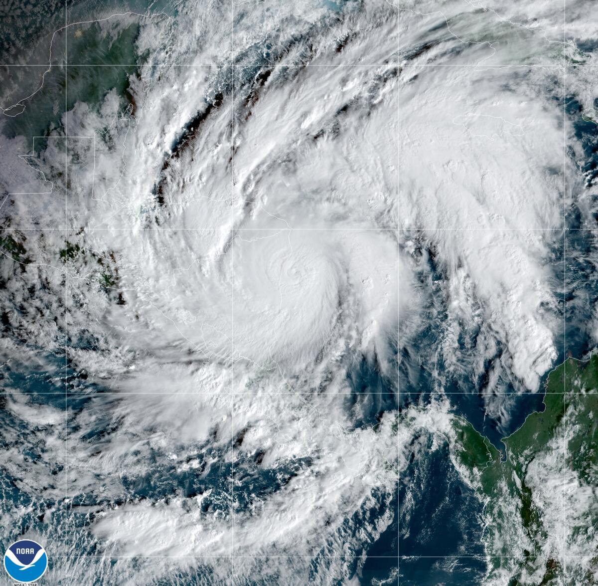 This GeoColor satellite image taken Tuesday shows Hurricane Eta arriving at Nicaragua's northern shore.