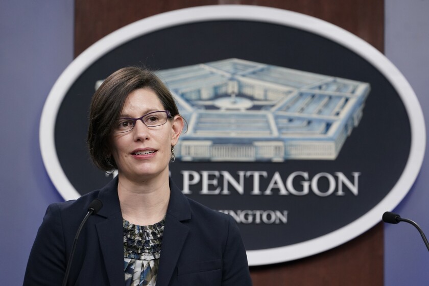 Stephanie Miller, the Pentagon's head of accession policy, speaks during a briefing at the Pentagon.