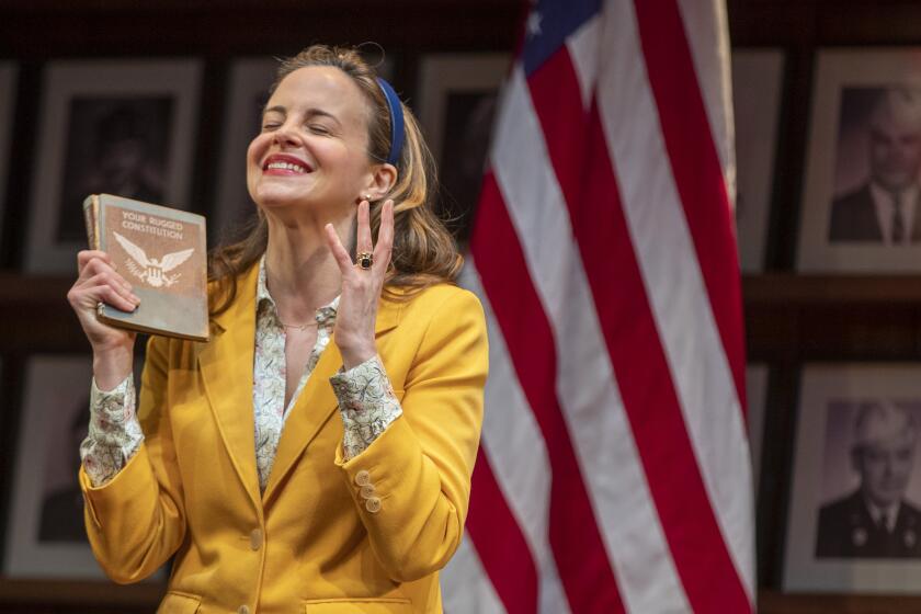 LOS ANGELES, CALIF. -- FRIDAY, JANUARY 10, 2020: Maria Dizzia performs on stage in “What the Constitution Means to Me” during dress rehearsal at the Mark Taper Forum in Los Angeles, Calif., on Jan. 10, 2020. (Brian van der Brug / Los Angeles Times)