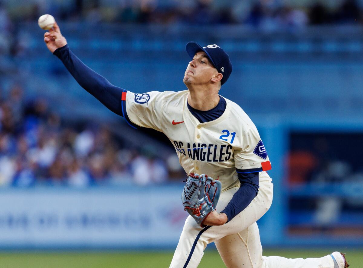 Dodgers starting pitcher Walker Buehler delivers against the Colorado Rockies at Dodger Stadium.