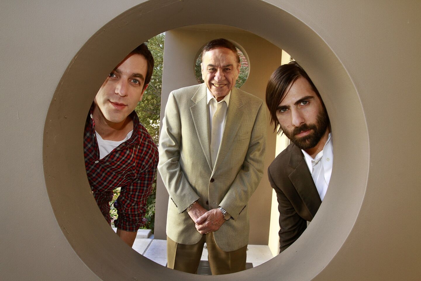 B.J. Novak, left, and Jason Schwartzman, right, who play legendary Disney songwriters Richard and Robert Sherman, join the real Richard Sherman for a chat on the new movie "Saving Mr. Banks," about the making of the 1964 "Mary Poppins" movie.