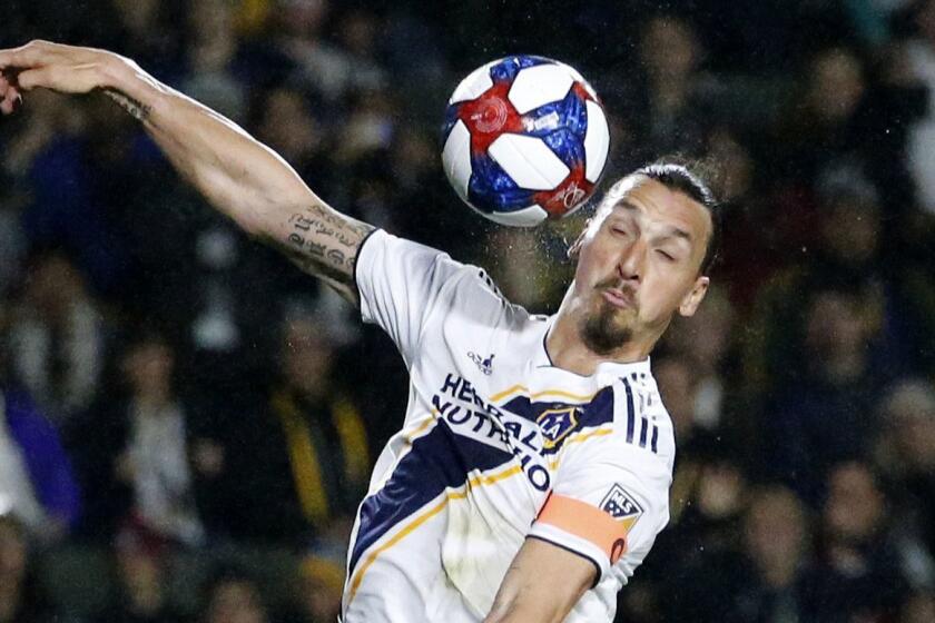 LA Galaxy forawrd Zlatan Ibrahimovic (9) of Sweden, heads the ball during an MLS soccer match between LA Galaxy and Chicago Fire in Carson, Calif., Saturday, March 2, 2019. The Galaxy won 2-1. (AP Photo/Ringo H.W. Chiu)