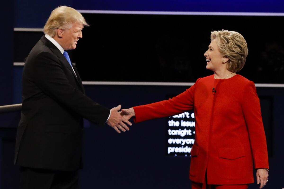 Republican Donald Trump and Democrat Hillary Clinton during the presidential debate at Hofstra University.
