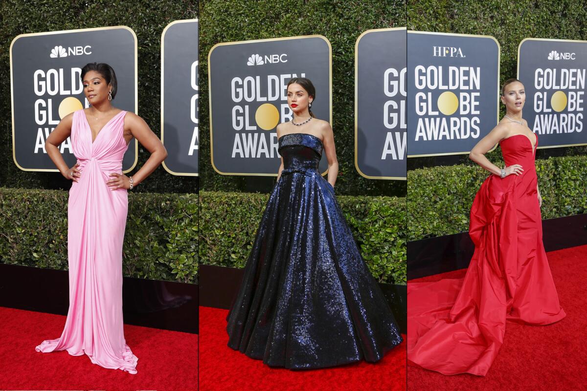 Three photos of female actors on the 2020 Golden Globes' red carpet.