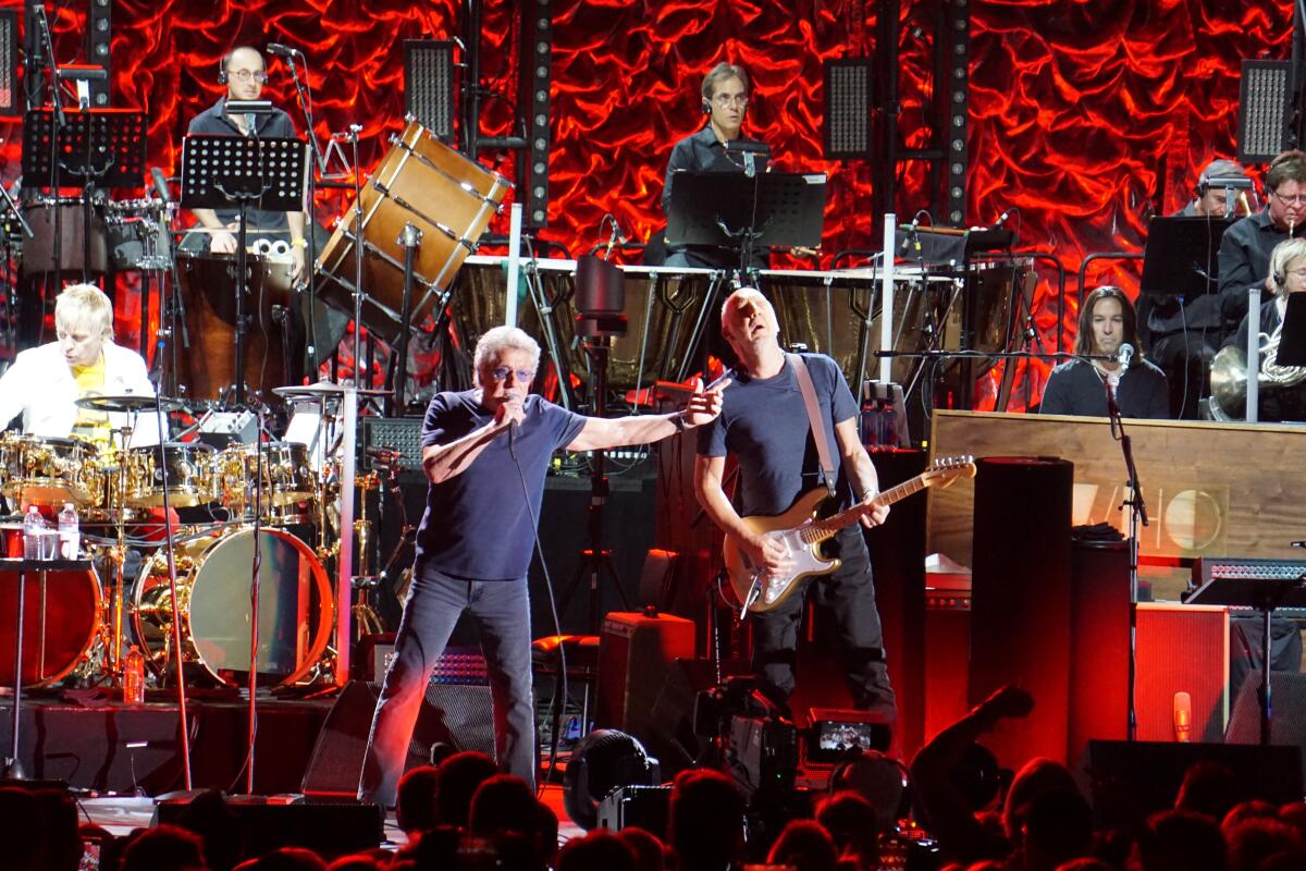 Lead singer Roger Daltrey (left) and guitarist Pete Townshend are shown at the Hollywood Bowl Saturday, where The Who performed as part of its orchestral "Moving On!"tour prior to the legendary English rock band's Wednesday night San Diego concert at Viejas Arena.