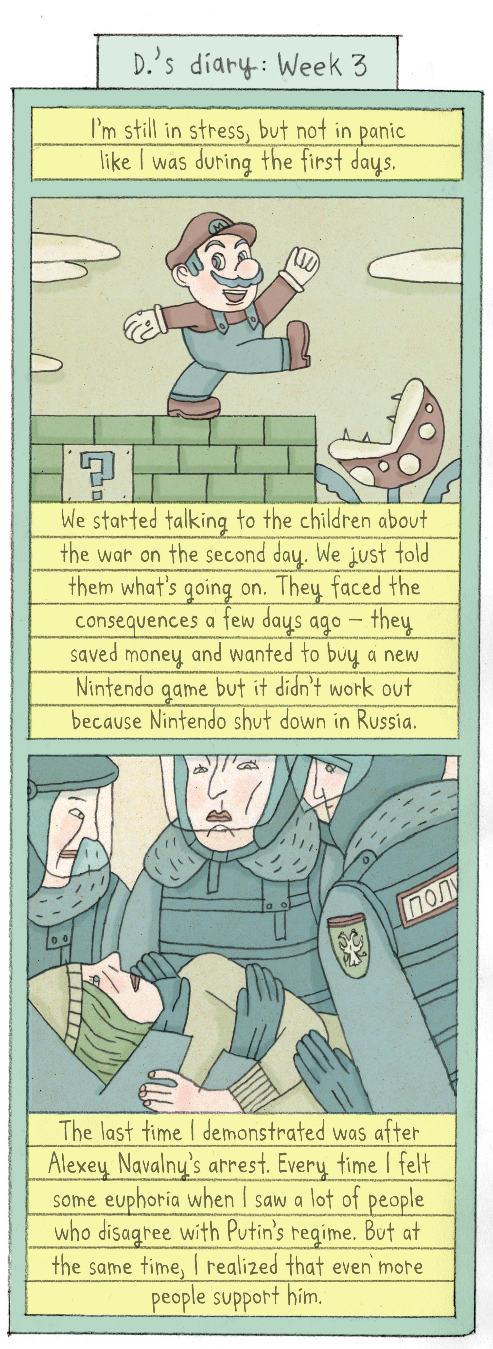 Comic describes talking to children, nintendo is shut down, demonstrating after Navalny's arrest.