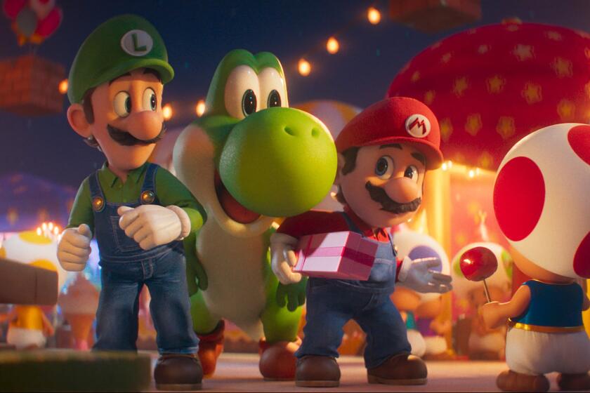 Two brothers greet a mushroom and a green creature.