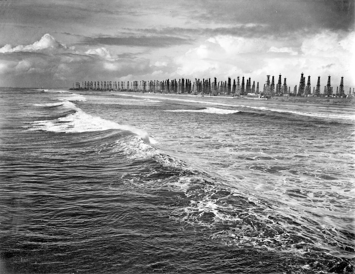 The Huntington Beach coastline in 1940 was lined with oil derricks. 