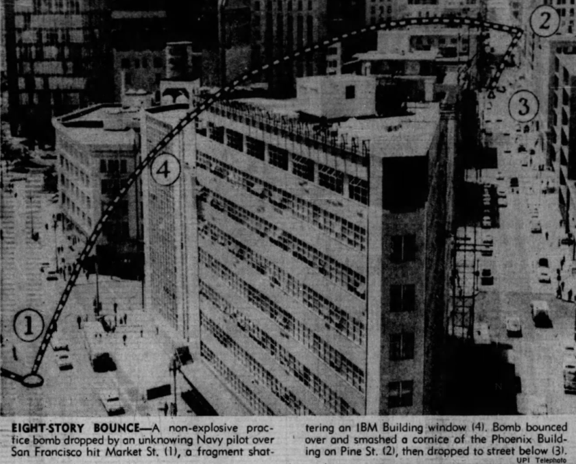 A clipping from a newspaper shows a dotted line on top of a photo of a large building on the corner of a city street. 