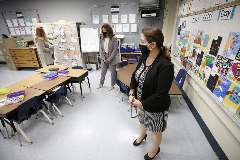 GLENDALE, CA - MAY 26: Glendale Unified Supt. Vivian Ekchian and Los Angeles County Office of Education Supt. Debra Duardo are given a tour of teacher Mrs Miranda's 2nd grade classroom at Cerritos Elementary School in Glendale by Principal Perla Chavez-Fritz, left to right, on Tuesday May 26, 2020 considering that with a persisting coronavirus threat, K-12 campuses will try to reopen in the fall. New L.A. County guidelines offer a possible roadmap but it could get complicated and costly to confront the logistics of reopening at an actual school in the wake of Covid-19. Glendale on Tuesday, May 26, 2020 in Glendale, CA. (Al Seib / Los Angeles Times)