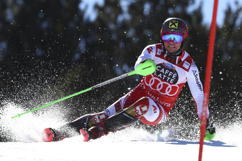FILE - Austria's Marcel Hirscher competes during the first run of a men's alpine ski slalom, in Soldeu, Andorra, Sunday, March 17, 2019. Eight-time overall World Cup champion Hirscher is planning to return to ski racing next season after five years in retirement. And he’s going to compete for the Netherlands — his mother’s country — instead of his native Austria. The Austrian winter sports federation announced Wednesday, April 24, 2024, that it had released the 35-year-old Hirscher and endorsed his nation change. (AP Photo/Alessandro Trovati, File)