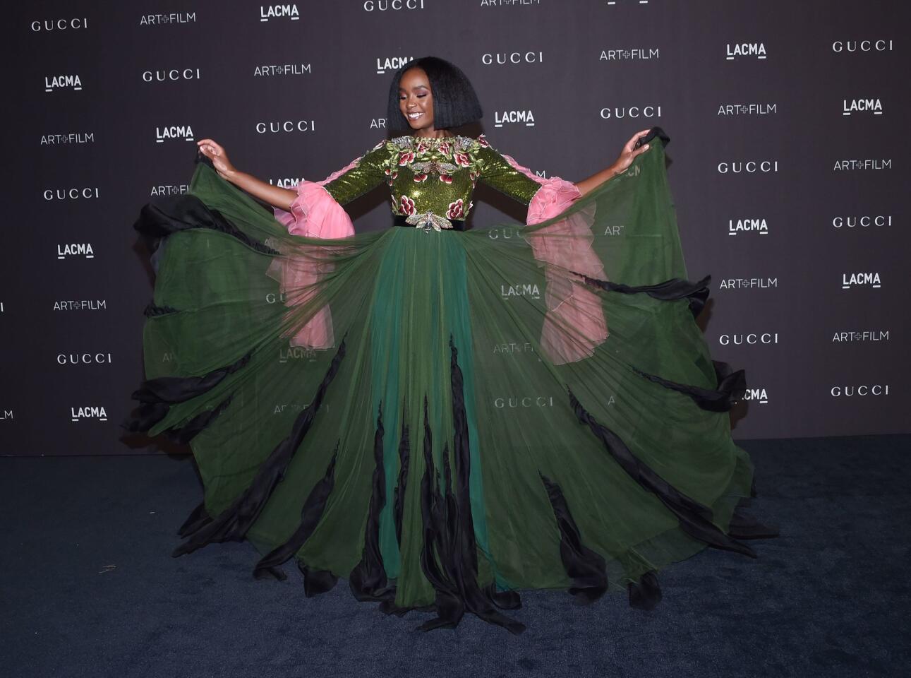 Actress Kiki Layne shows off her gown at the 2018 LACMA Art+Film Gala in Los Angeles.