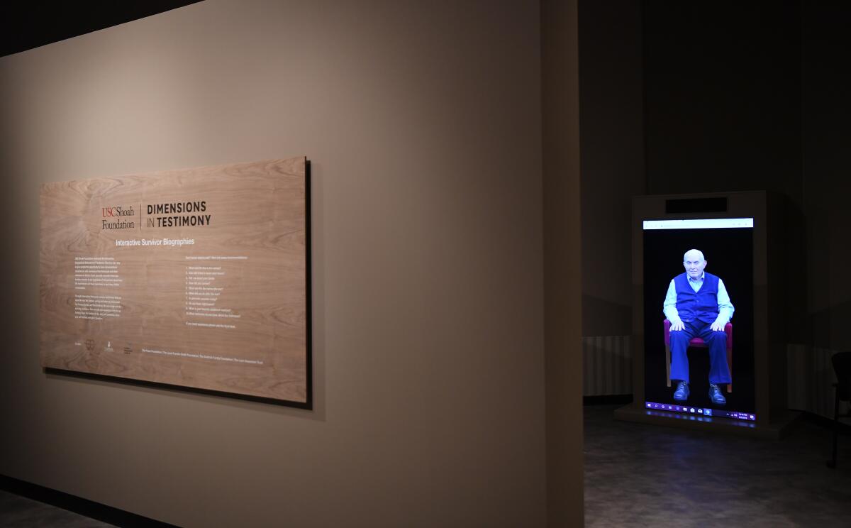 The interactive video installation "Dimensions in Testimony" at the exhibition "Facing Survival" at the USC Fisher Museum of Art.  
