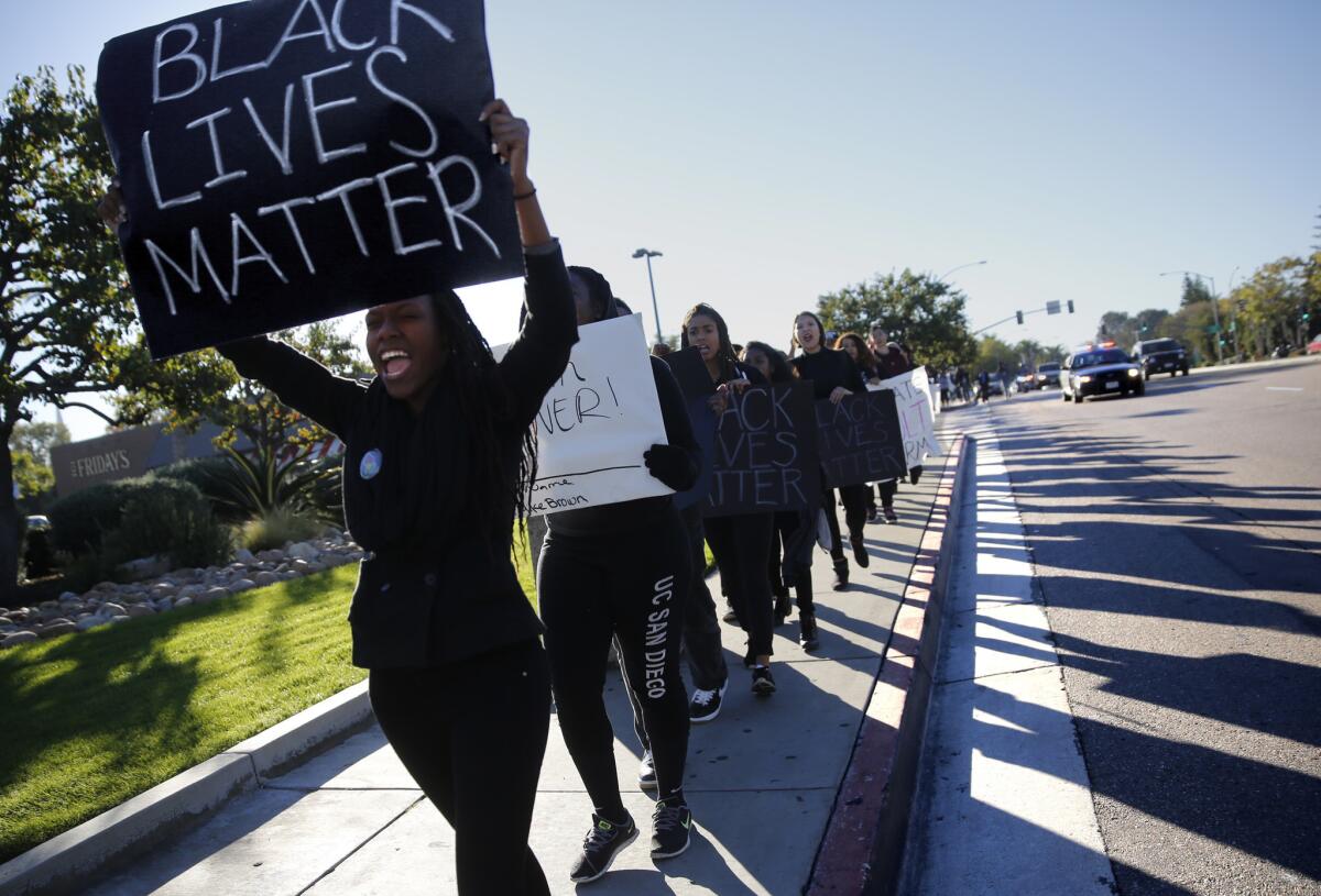 A protest by UC San Diego students in November in the wake of the fatal shooting of an unarmed black man by a white police officer in Ferguson, Mo.