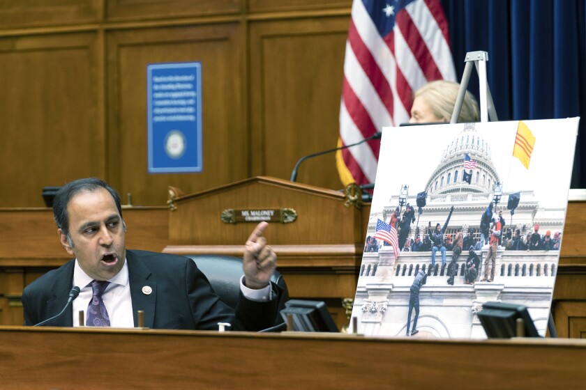 Rep. Raja Krishnamoorthi, D-Ill, questions Christopher Miller, former acting secretary of the Department of Defense, testifying virtually, during a House Committee on Oversight and Reform hearing on the Capitol breach on Capitol Hill, Wednesday, May 12, 2021, in Washington. (AP Photo/Manuel Balce Ceneta)