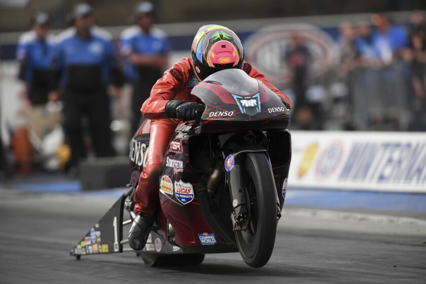 Matt Smith drives in pro stock motorcycle qualifying July 30, 2021, at the Lucas Oil NHRA Winternationals in Pomona.