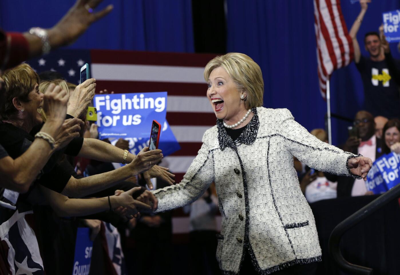 Hillary Clinton greets supporters at her victory celebration after winning the South Carolina Democratic primary.