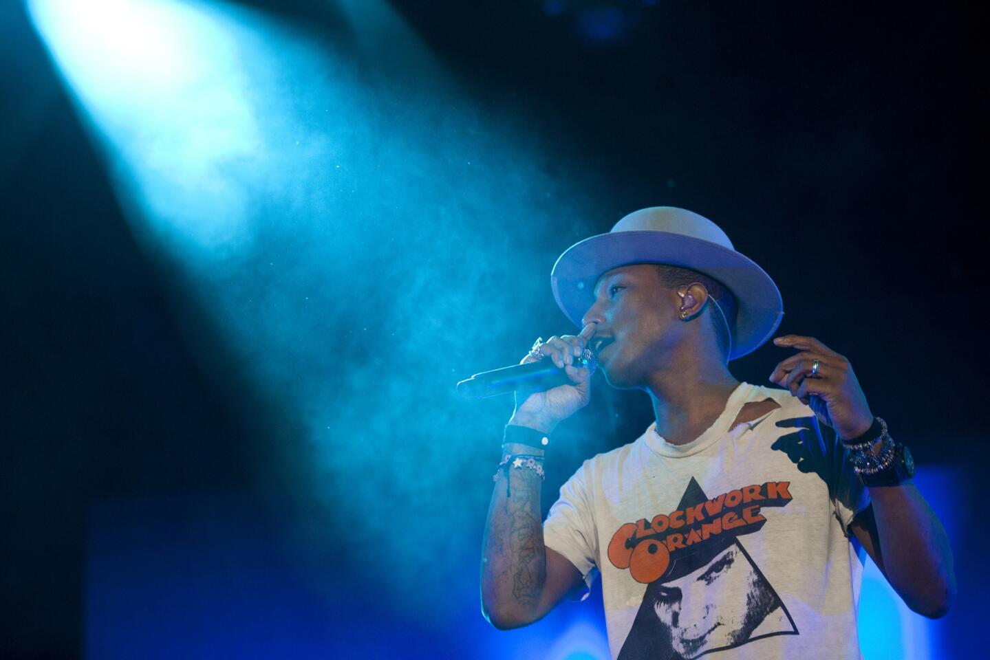 Pharrell Williams performs on the Camp Stage during Odd Future's third annual Camp Flog Gnaw carnival at the park outside of Los Angeles Memorial Coliseum.