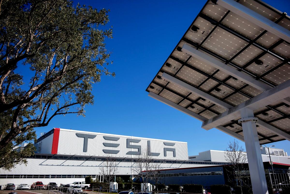 A front view of Tesla's car factory in Fremont, Calif.