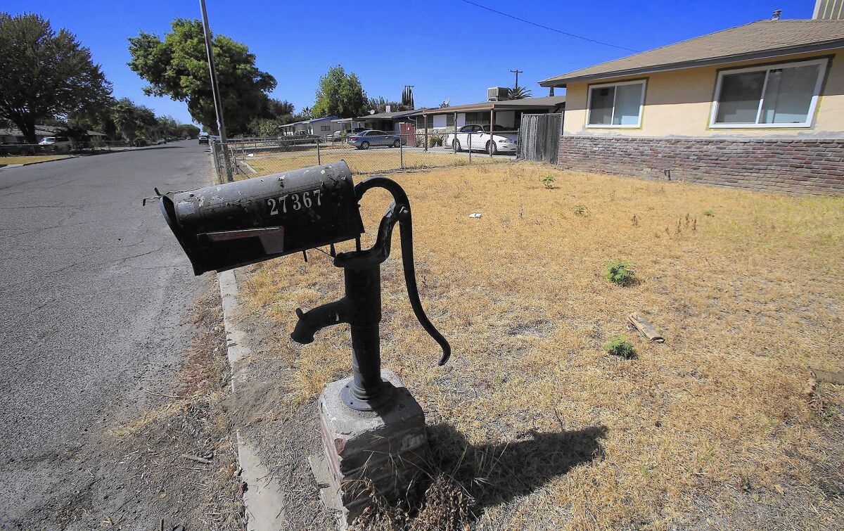A mailbox mounted on a water pump sits amid a dead lawn in Parkwood in Madera County. The town's last well dried up in July.