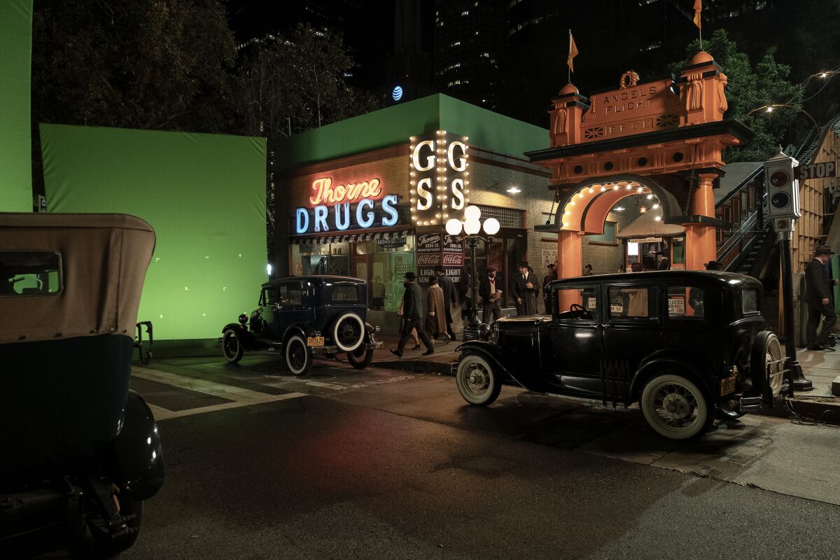 On the set of HBO's "Perry Mason," green screens included, at the foot of Angels Flight.