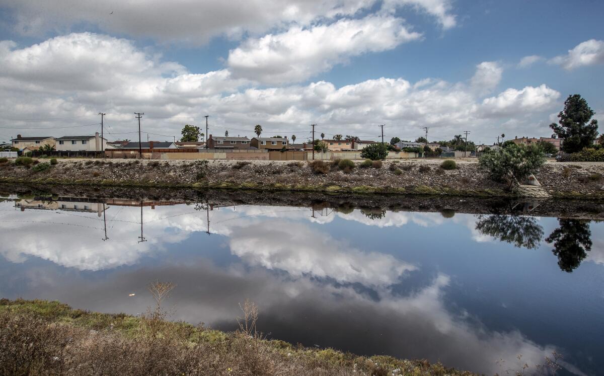 The Dominguez Channel in Carson reflects clouds